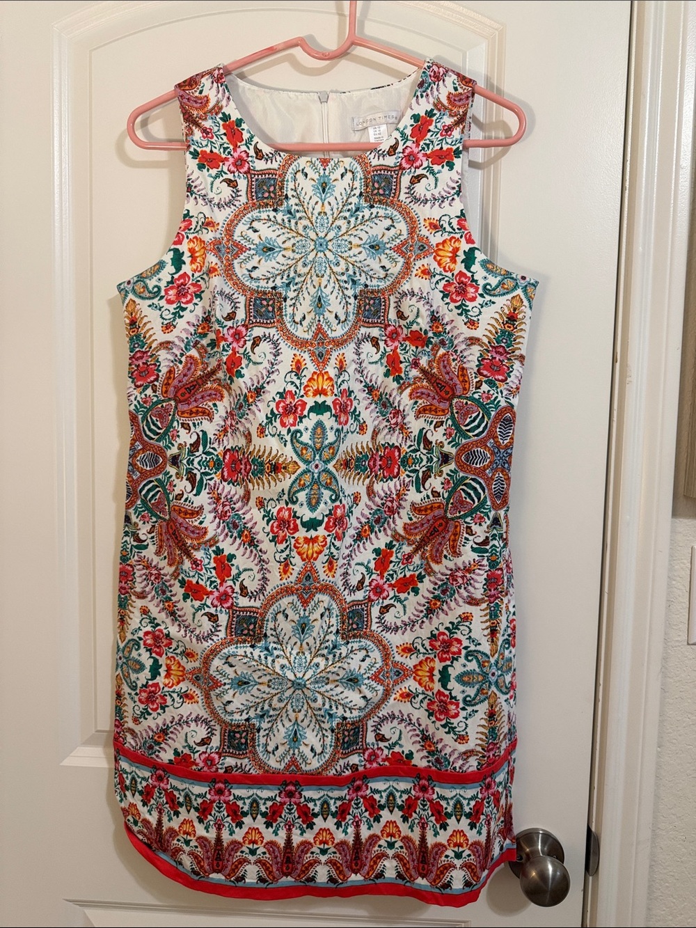 London Times White Mini Dress with Turquoise, Coral & Gold Paisley Print